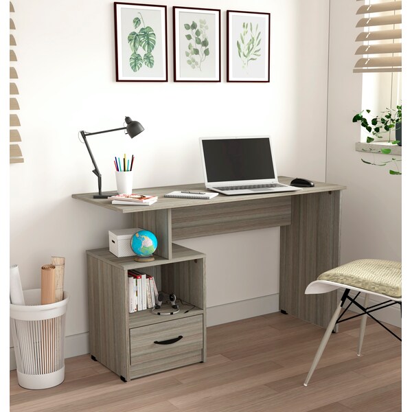 Multi-Level Writing Desk 47.2 in. W Rectangular Smoke Oak with One Drawer